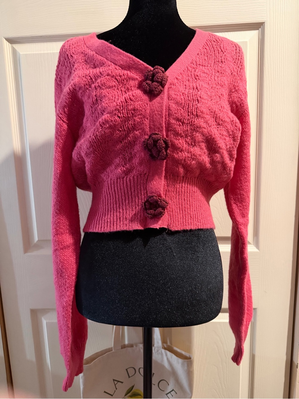 Love Tree Bright Pink Cropped Cable Knit Cardigan with Flower Buttons